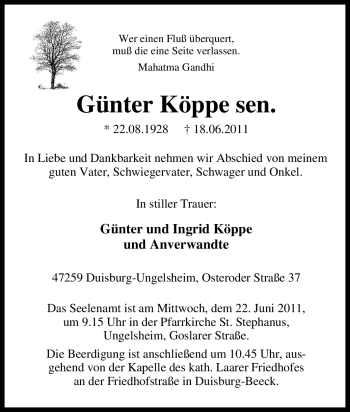 Traueranzeige von Günter Köppe sen. von Tageszeitung