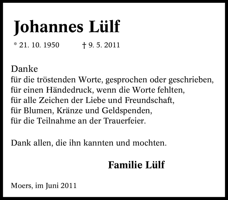  Traueranzeige für Johannes Lülf vom 16.06.2011 aus Tageszeitung