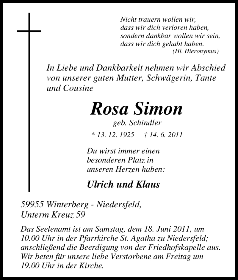  Traueranzeige für Rosa Simon vom 16.06.2011 aus Tageszeitung