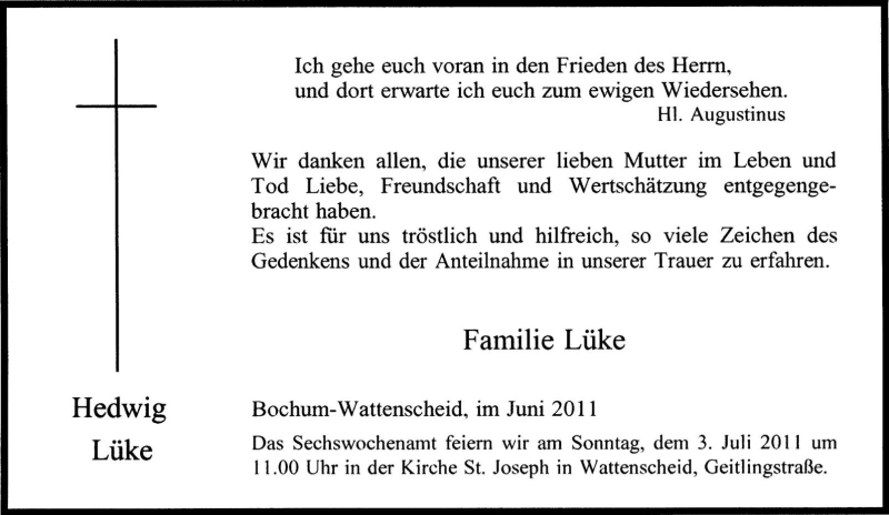  Traueranzeige für Hedwig Lüke vom 25.06.2011 aus Tageszeitung