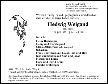 Traueranzeige von Hedwig Weigand von Tageszeitung