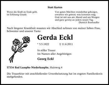 Traueranzeige von Gerda Eckl von Tageszeitung