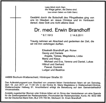 Traueranzeige von Erwin Brandhoff von Tageszeitung