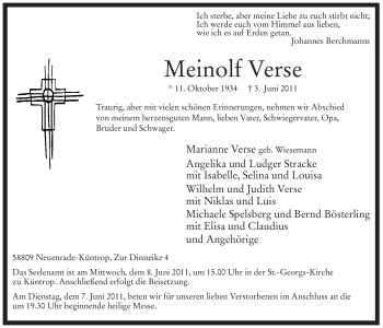Traueranzeige von Meinolf Verse von Tageszeitung