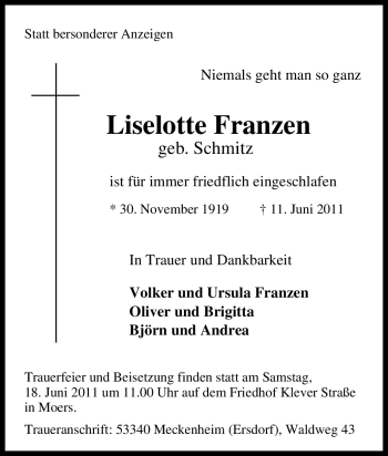 Traueranzeige von Liselotte Franzen von Tageszeitung