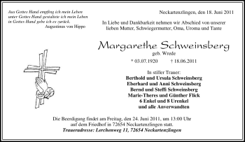 Traueranzeige von Margarethe Schweinsberg von Tageszeitung