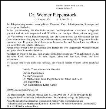 Traueranzeige von Werner Piepenstock von Tageszeitung