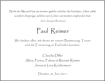 Traueranzeige von Paul Reimer von Tageszeitung