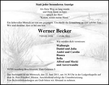 Traueranzeige von Werner Becker von Tageszeitung