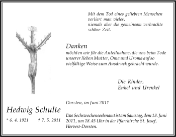 Traueranzeige von Hedwig Schulte von Tageszeitung