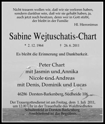 Traueranzeige von Sabine Wejtuschatis-Chart von Tageszeitung