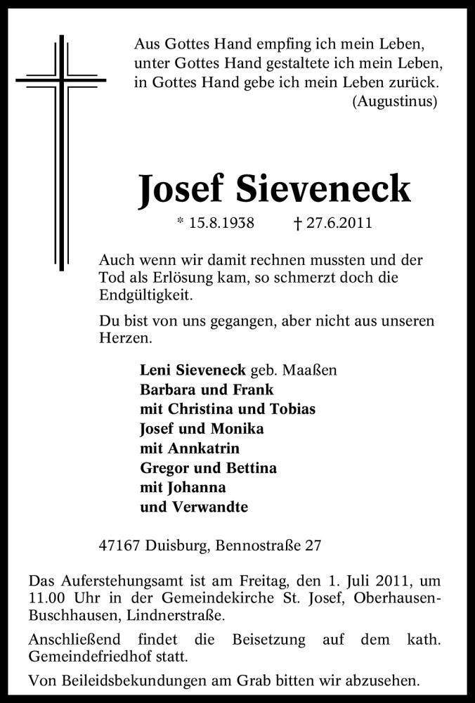  Traueranzeige für Josef Sieveneck vom 29.06.2011 aus Tageszeitung
