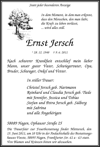 Traueranzeige von Ernst Jersch von Tageszeitung