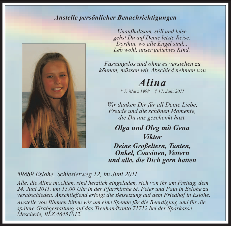  Traueranzeige für Alina Unbekannt vom 21.06.2011 aus Tageszeitung