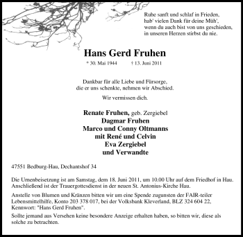 Traueranzeige von Hans Gerd Fruhen von Tageszeitung
