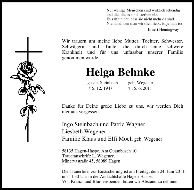  Traueranzeige für Helga Behnke vom 21.06.2011 aus Tageszeitung