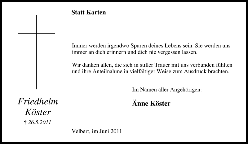 Traueranzeigen von Friedhelm Köster Trauer in NRW de