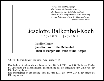 Traueranzeige von Lieselotte Balkenhol-Koch von Tageszeitung