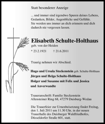 Traueranzeige von Elisabeth Schulte-Holthaus von Tageszeitung