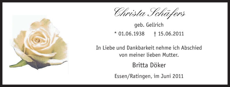  Traueranzeige für Christa Schäfers vom 18.06.2011 aus Tageszeitung