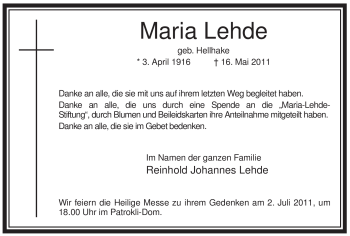 Traueranzeige von Maria Lehde von Tageszeitung