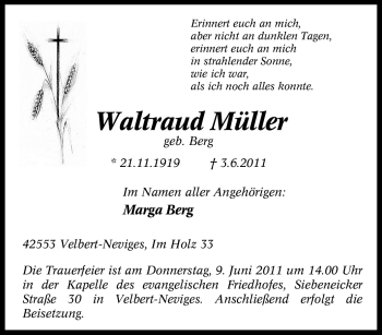 Traueranzeige von Waltraud Müller von Tageszeitung