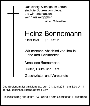 Traueranzeige von Heinz Bonnemann von Tageszeitung