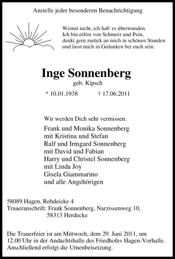 Traueranzeige von Inge Sonnenberg von Tageszeitung