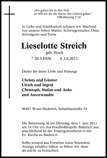 Traueranzeige von Lieselotte Streich von Tageszeitung