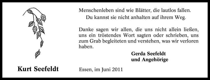  Traueranzeige für Kurt Seefeldt vom 01.06.2011 aus Tageszeitung