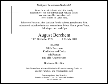 Traueranzeige von August Berchem von Tageszeitung