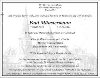 Traueranzeige von Paul Münstermann von Tageszeitung
