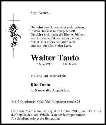 Traueranzeige von Walter Tanto von Tageszeitung