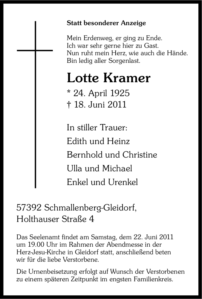  Traueranzeige für Lotte Kramer vom 21.06.2011 aus Tageszeitung