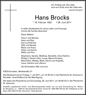 Traueranzeige von Hans Brocks von Tageszeitung
