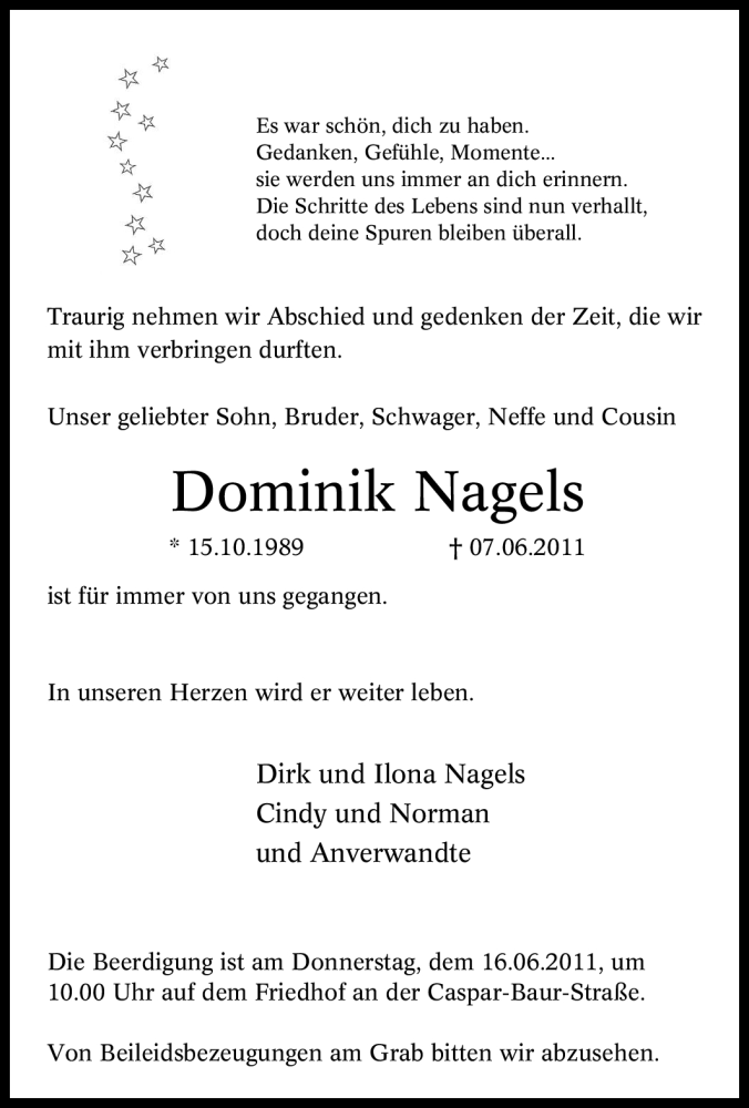  Traueranzeige für Dominik Nagels vom 10.06.2011 aus Tageszeitung