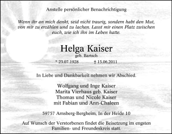 Traueranzeige von Helga Kaiser von Tageszeitung