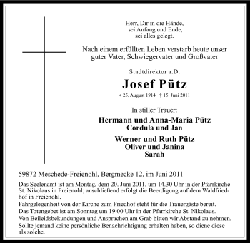 Traueranzeige von Josef Pütz von Tageszeitung