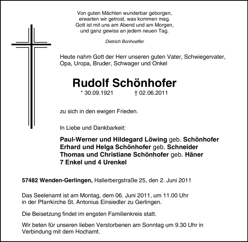  Traueranzeige für Rudolf Schönhofer vom 04.06.2011 aus Tageszeitung