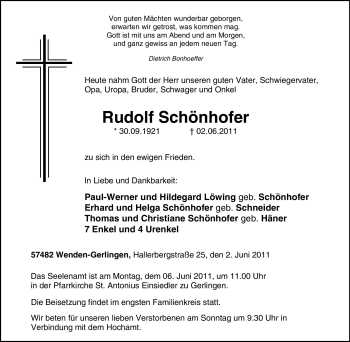 Traueranzeige von Rudolf Schönhofer von Tageszeitung