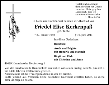 Traueranzeige von Friedel Elise Kerkenpaß von Tageszeitung