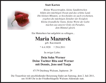 Traueranzeige von Maria Mazurek von Tageszeitung