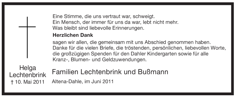  Traueranzeige für Helga Lechtenbrink vom 25.06.2011 aus Tageszeitung