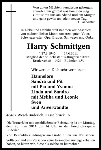 Traueranzeige von Harry Schmittgen von Tageszeitung