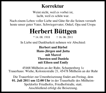Traueranzeige von Herbert Büttgen von Tageszeitung