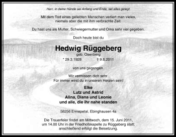Traueranzeige von Hedwig Rüggeberg von Tageszeitung