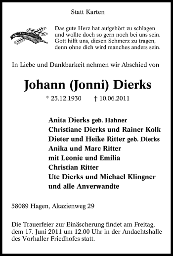 Traueranzeige von Johann Dierks von Tageszeitung