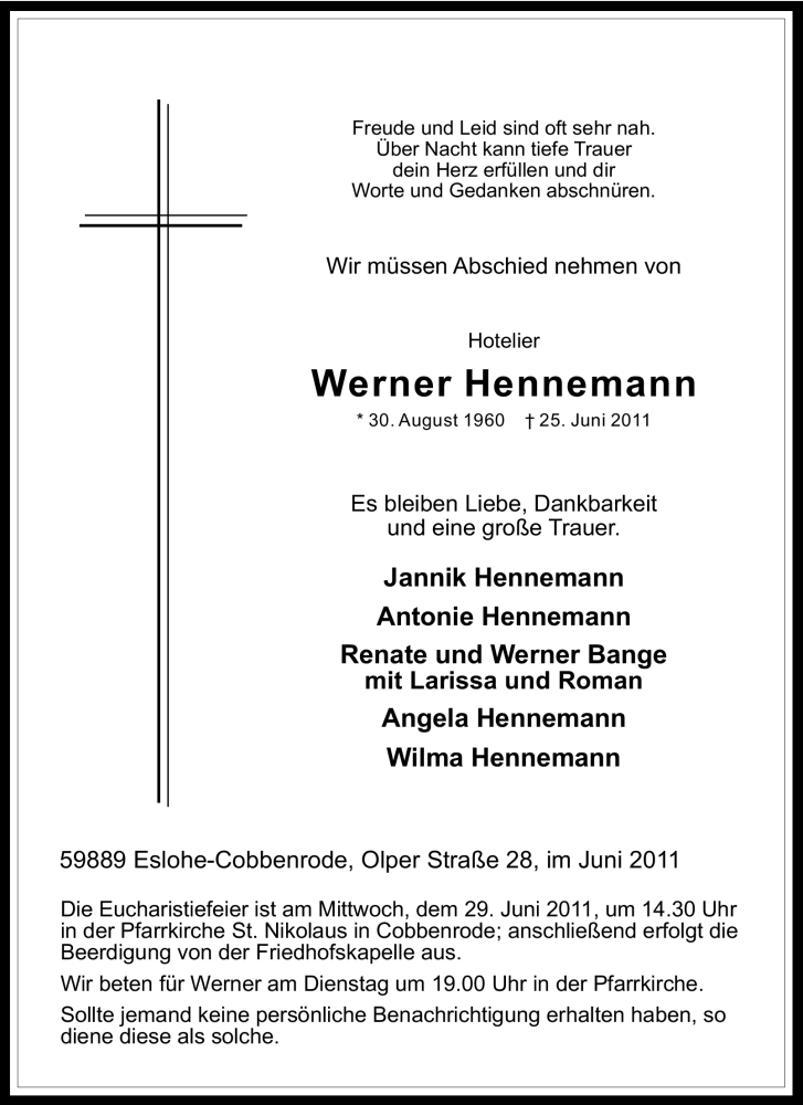  Traueranzeige für Werner Hennemann vom 27.06.2011 aus Tageszeitung