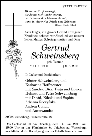 Traueranzeige von Gertrud Schweinsberg von Tageszeitung