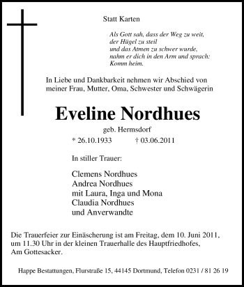 Traueranzeige von Eveline Nordhues von Tageszeitung